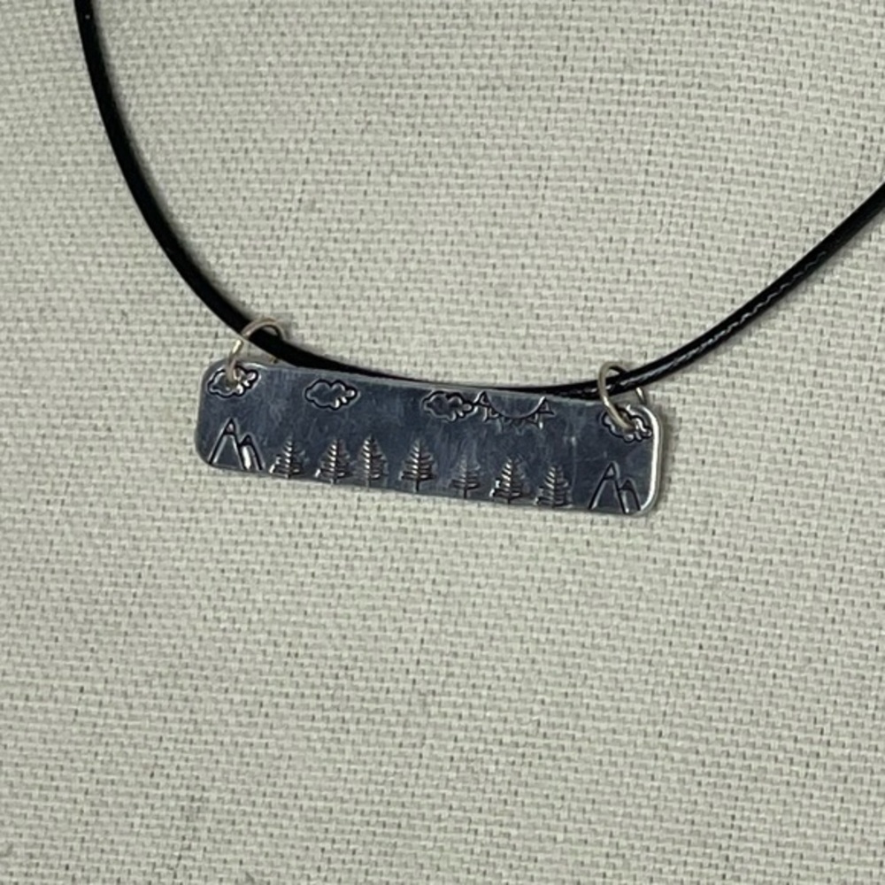 Handmade stamped nature silver rectangular pendant black leather cord necklace‎ - Picture 4 of 6